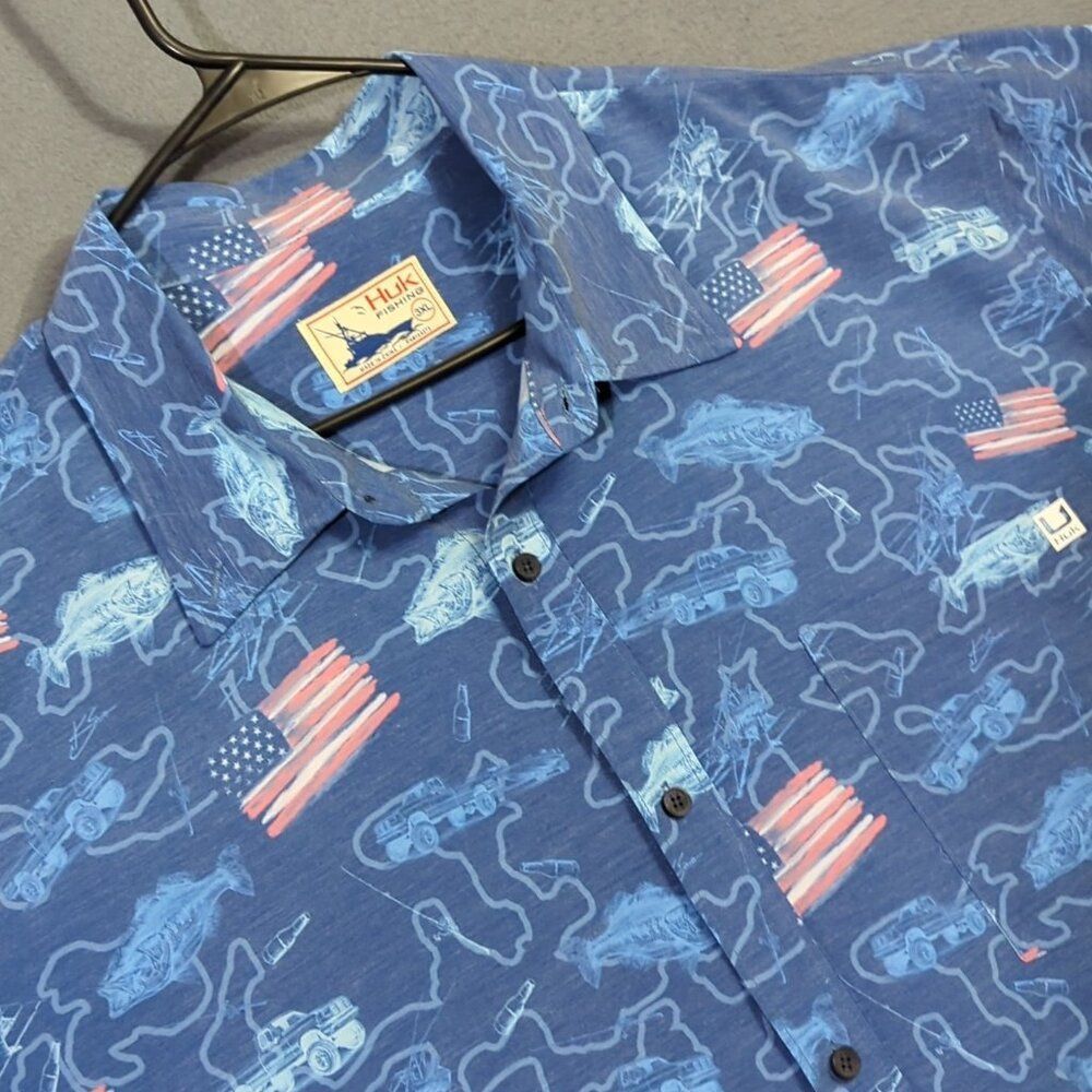 Huk Shirt Men's 3XL Blue Kona Fish And Flags Short Sleeve Button Down Patriotic